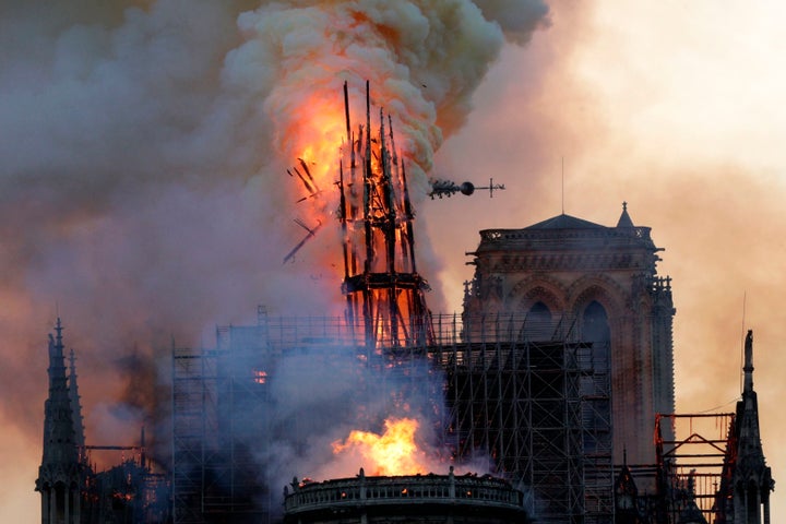 A huge fire swept through the roof of the famed Notre Dame Cathedral in central Paris on April 15, 2019, sending flames and h