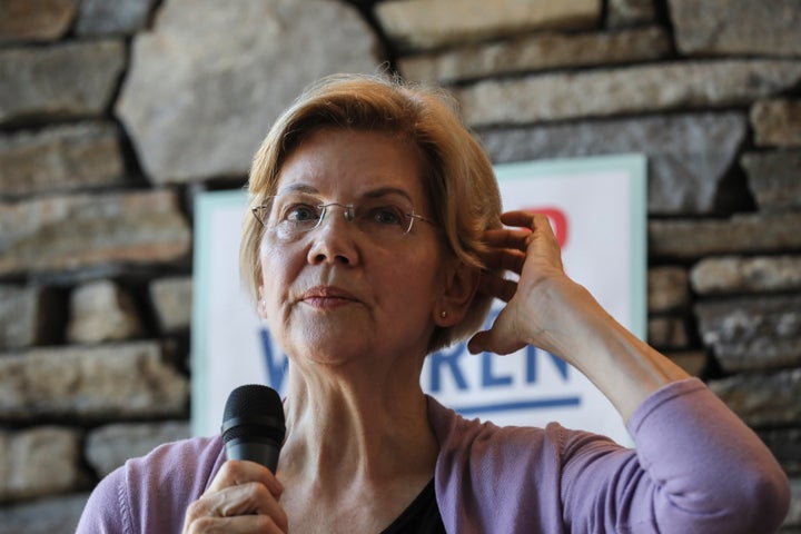 Sen. Elizabeth Warren (D-Mass.), here at a fundraiser in New Hampshire on Saturday, had the second highest amount of money available among the Democratic presidential candidates on April 1, thanks to a transfer of $10.4 million from her Senate campaign.