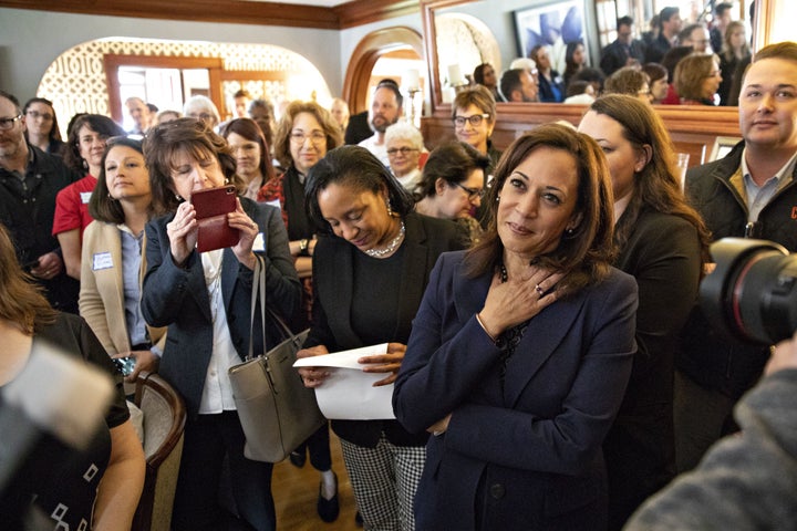 Sen. Kamala Harris (D-Calif.), here at an Iowa fundraiser Thursday, raised the second-highest total among the Democratic cand