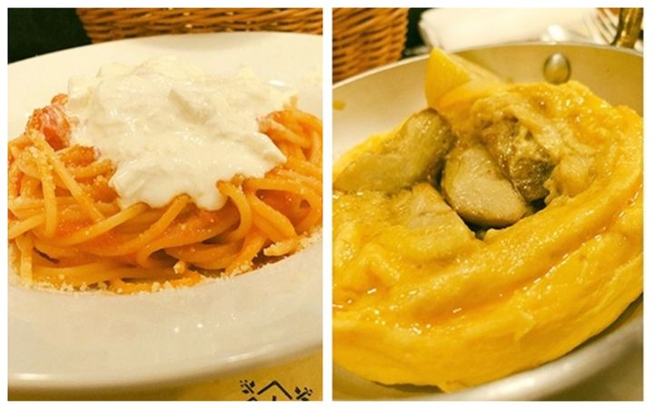 「ストラッチャテッラ（ブッラータの中身）をのせたフレッシュトマトソースのスパゲティ」（左）と「ソスタンツァ風アーティチョークのオムレツ 」（右）