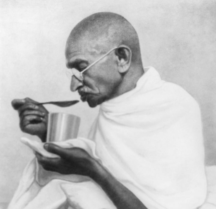 Mahatma Gandhi takes his last meal before his fast at Rashtriyashala Ashram, Rajkot, in March 1939.