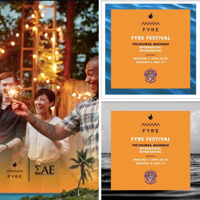 A collage of a few of the co-branded ΣΑΕ flyers Aks designed for the frat's party.