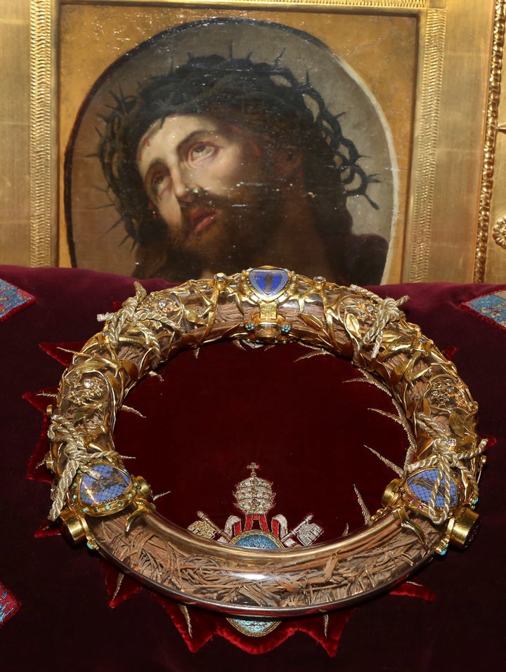 The crown of thorns, which was believed to have been worn by Jesus Christ and was bought by King Louis IX in 1239, is seen at