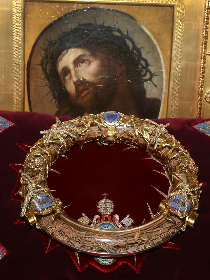 The crown of thorns, which was believed to have been worn by Jesus Christ and was bought by King Louis IX in 1239, is seen at Notre Dame Cathedral in Paris prior to Monday's fire.