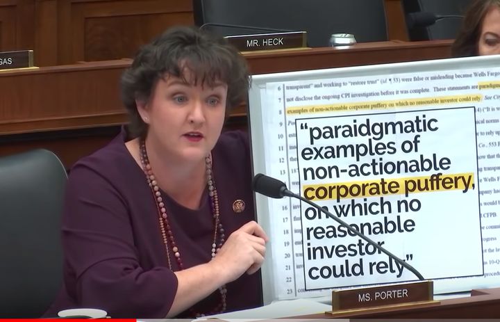 Rep. Katie Porter (D-Calif.) during her tough questioning of Wells Fargo CEO Tim Sloan at a House Financial Services Committee hearing in March.