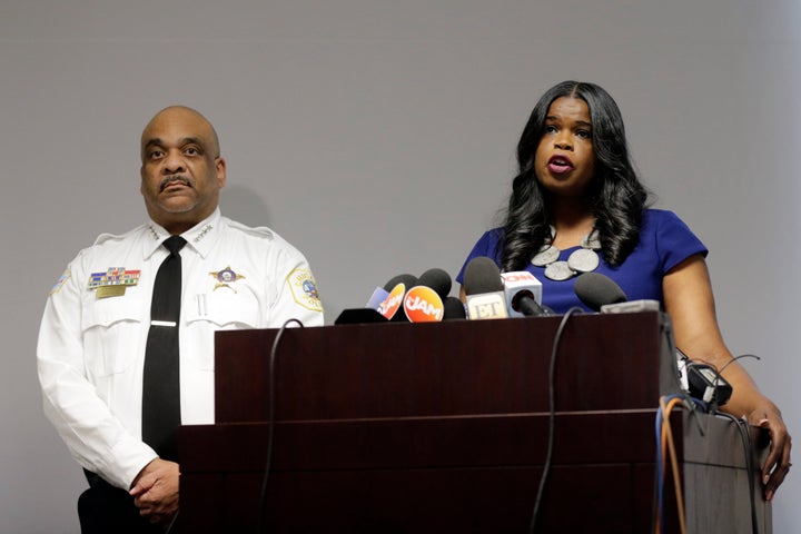 Cook County State's Attorney Kim Foxx speaks at a news conference Feb. 22 as Chicago Police Superintendent Eddie Johnson stands by in Chicago. Johnson said after charges were dropped that Jussie Smollett should apologize to the city.