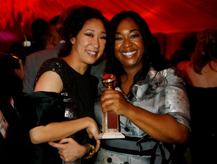 Sandra Oh (left) and Shonda Rhimes at the Golden Globes in 2007, when "Grey's Anatomy" won best drama series.