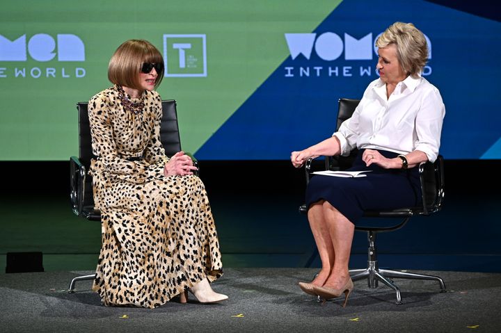 Anna Wintour and Tina Brown speak during the 10th Anniversary Women In The World Summit at David H. Koch Theater at Lincoln Center on April 12, 2019 in New York City. 