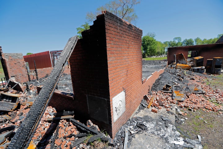 The ruins of the St. Mary Baptist Church, one of three churches that recently burned in St. Landry Parish, in Port Barre, La., on Wednesday, April 10.