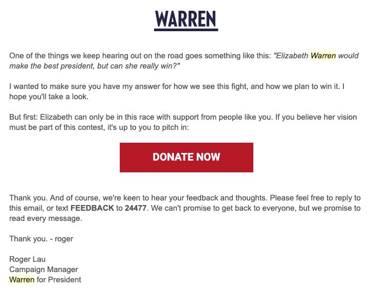On March 27, Sen. Elizabeth Warren's campaign emailed supporters about the electability issue.