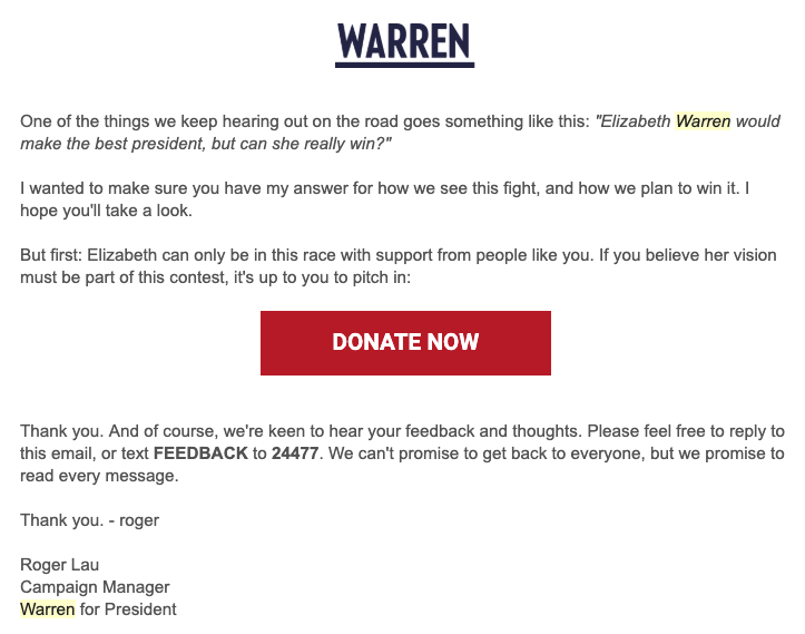 On March 27, Sen. Elizabeth Warren's campaign emailed supporters about the electability