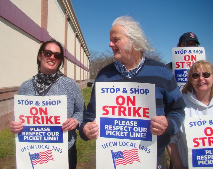 Pete Katsigianis stands on a picket line with fellow Stop & Shop workers at a store in Plainville, Massachusetts, on Wednesday.