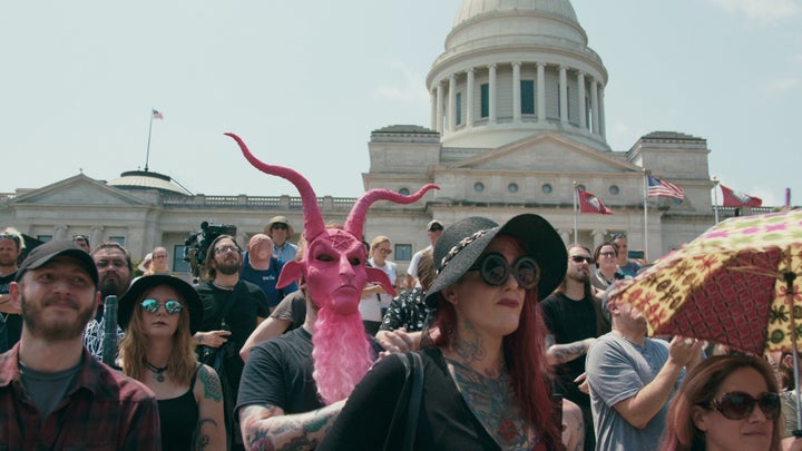 Satanic Temple supporters gather at an August 2018 rally for religious liberty in Little Rock, Arkansas.