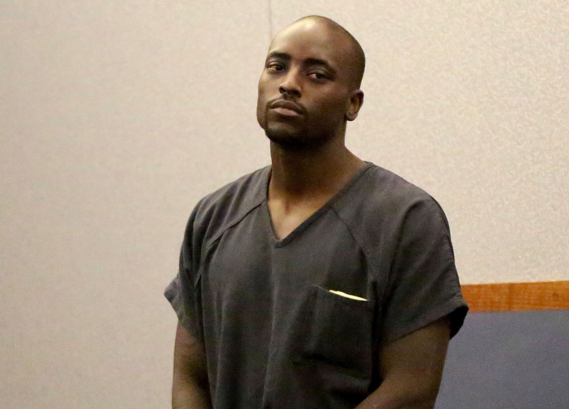 Former NFL player, Cierre Wood appears in court on Tuesday, April 16, 2019 in Las Vegas. Wood, arrested on suspicion of child abuse, now faces murder charges after his girlfriend’s 5-year-old daughter died. (Michael Quine/Las Vegas Review-Journal via AP)
