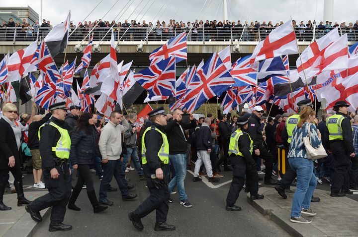 Britain First and EDL (English Defence League) protesters at a demonstration in London two years ago. Both groups have been banned from Facebook 