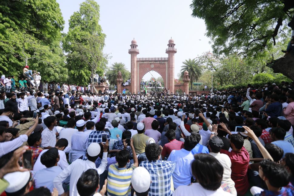Aligarh Muslim University students during a protest over the Jinnah portrait issue in Aligarh.