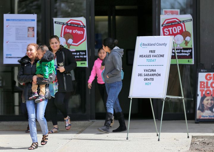 Signs advertising free measles vaccines and information about measles are displayed at the Rockland County Health Department, in Pomona, New York.