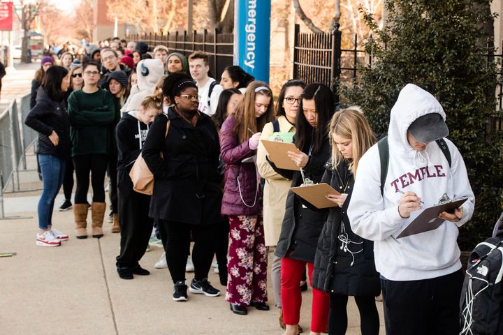 A line of mostly students wait to enter a vaccination clinic amid a mumps outbreak on the Temple University campus in Philadelphia on March 27.