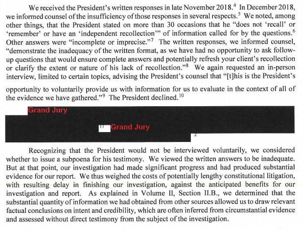 The Mueller report says Trump refused to be interviewed by the special counsel and his team.