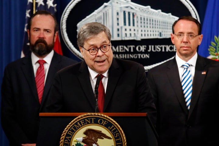 Attorney General William Barr speaks about the release of a redacted version of special counsel Robert Mueller's report during a news conference, April 18, 2019.