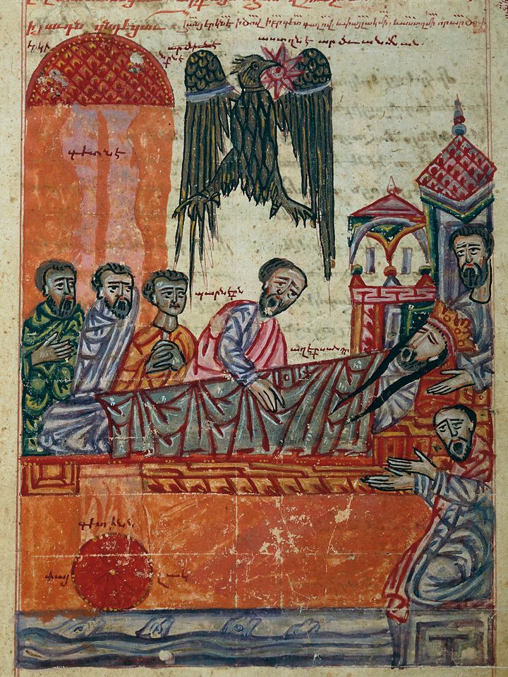 Death of Alexander the Great, miniature from the The History of Alexander the Great by Pseudo-Callisthenes, Greek manuscript, 14th Century.
