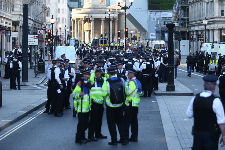 Police maintain a strong presence as Extinction Rebellion protests continue at Oxford Circus in London.