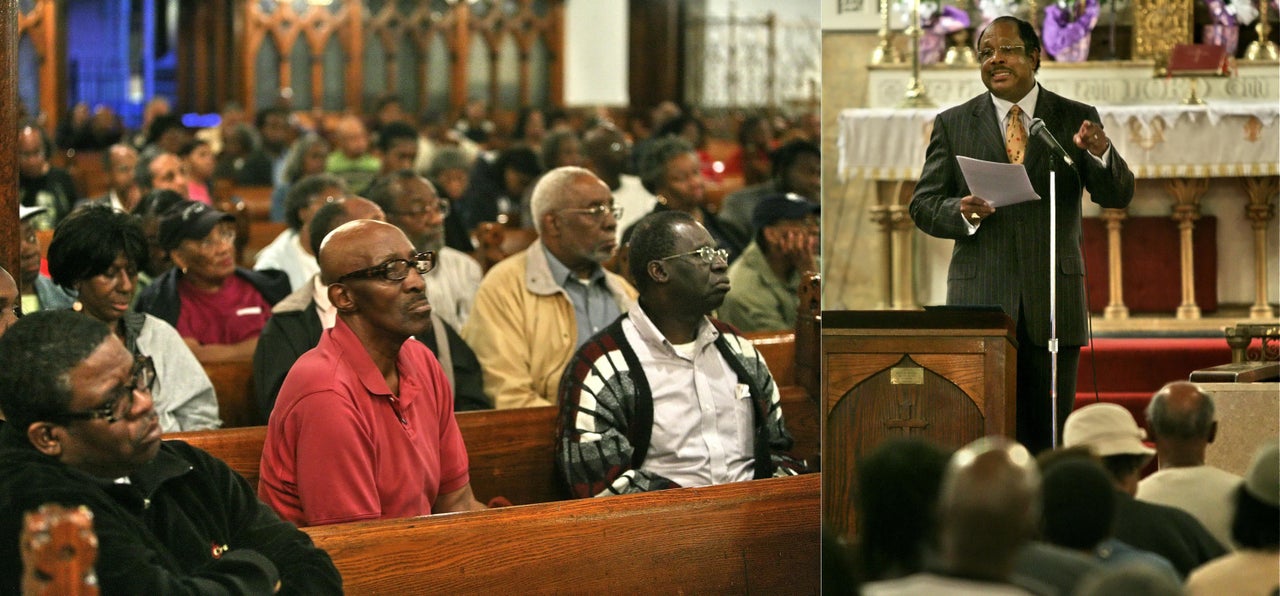 James Manning, pastor of Harlem's Atlah World Missionary Church, addresses residents of the Delano Village apartment community in Harlem in 2007. (AP Photo/Bebeto Matthews)