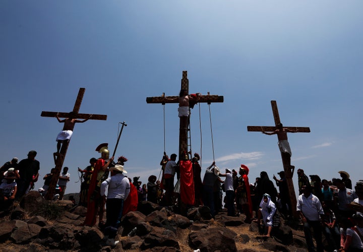 Crosses set up on a hill outside the village of San Mateo, Tepotzotlán, on Good Friday.