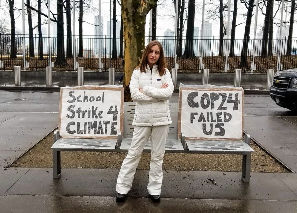 Alexandria Villaseñor protesting outside the United Nations headquarters in New York City in February.