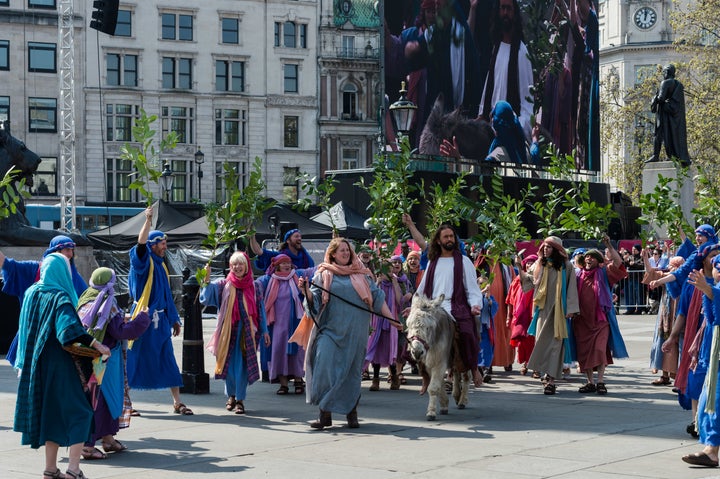 James Burke-Dunsmore plays Jesus Christ during a Good Friday performance in Trafalgar Square on April 19, 2019, in London.