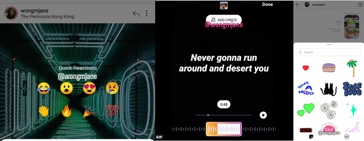 Instagramのプロトタイプ （左から）フィードへのクイックリアクション、ストーリーで歌詞を追加、ダイレクトメッセージのスタンプ