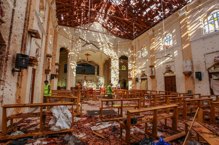 A view of St. Sebastian's Church damaged in blast in Negombo, north of Colombo, Sri Lanka, Sunday, April 21, 2019. (AP Photo/Chamila Karunarathne)