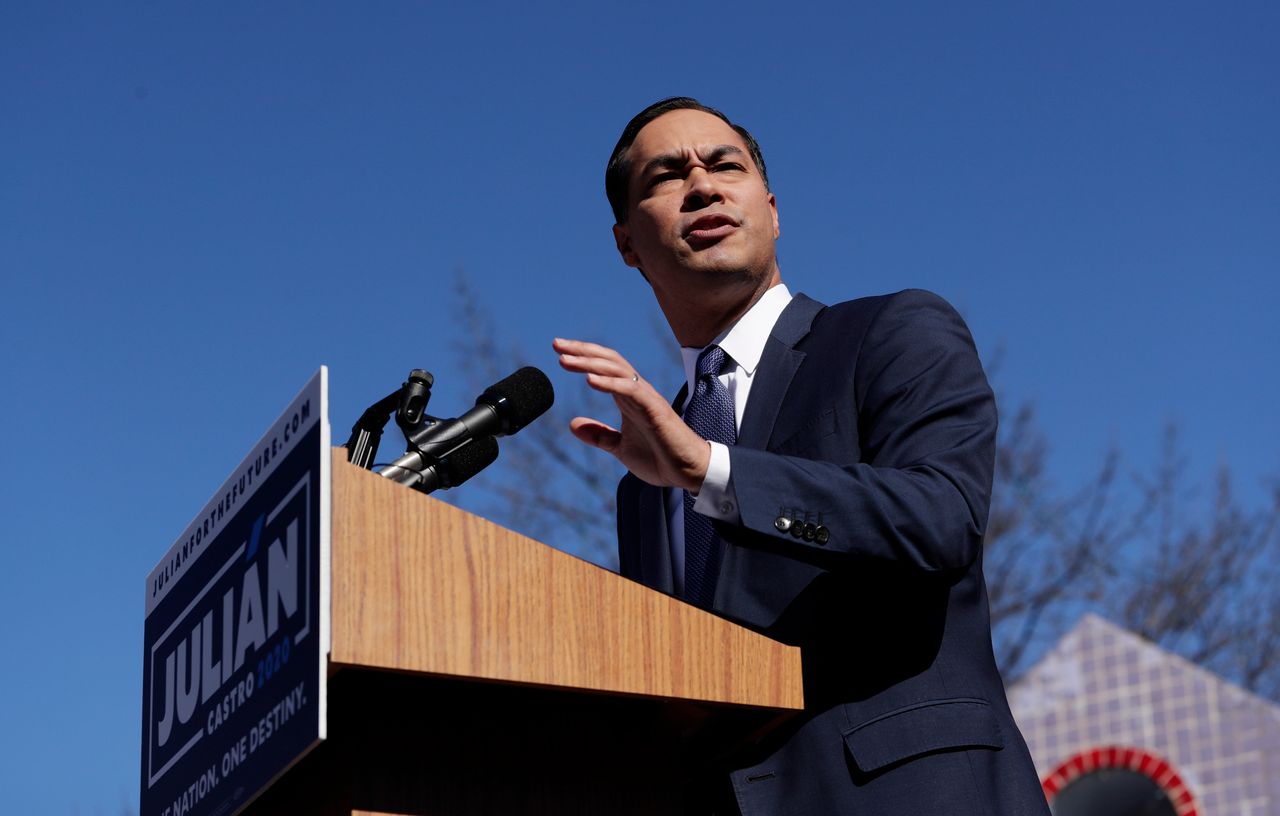 Julián Castro speaks at his presidential campaign launch in San Antonio on Jan. 12, 2019. He promised to tackle housing affordability, but his housing record has come in for criticism.