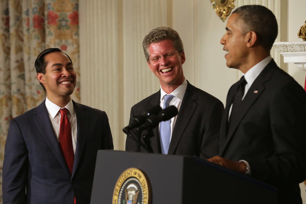 President Barack Obama, right, announces Castro's appointment as HUD secretary alongside Castro, left, and outgoing HUD Secretary Shaun Donovan, center.