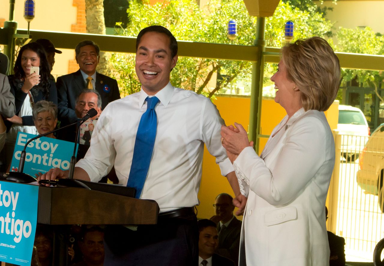 Castro campaigns with Hillary Clinton, right, on Oct. 15, 2015. In Clinton's consideration of Castro as a running mate, affordable housing activists saw an opportunity to pressure him.