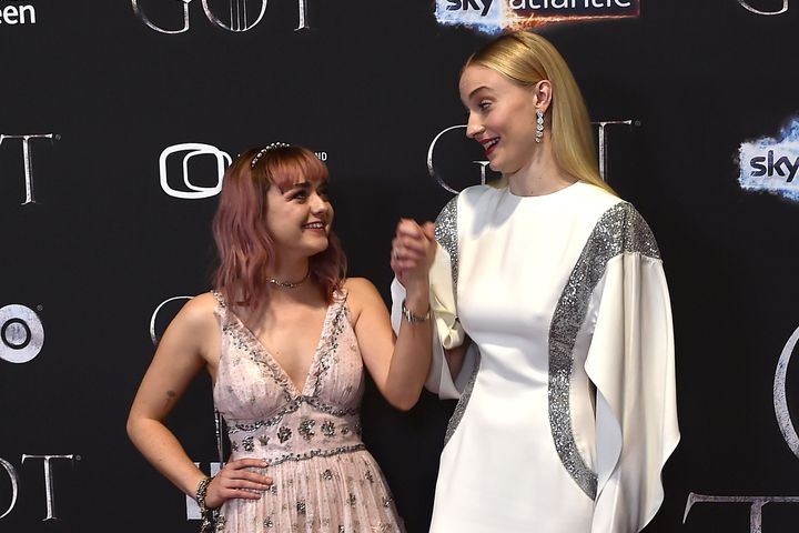 Maisie Williams and Sophie Turner in Belfast, Northern Ireland, for a "Game of Thrones" Season 8 screening.