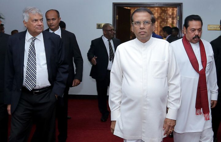 Sri Lankan prime minister Ranil Wickremesinghe (L), president Maithripala Sirisena (2L) and opposition leader Mahinda Rajapaksa.