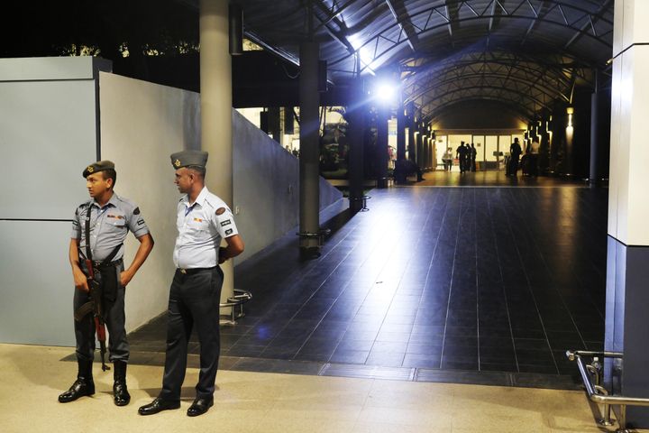Soldiers stand guard at the Bandaranaike International Airport in Colombo, Sri Lanka, on April 22, 2019.&nbsp;