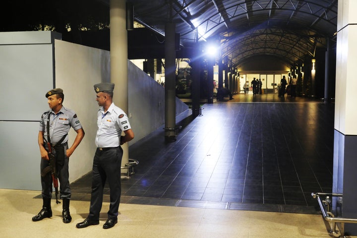 Soldiers stand guard at the Bandaranaike International Airport in Colombo, Sri Lanka, on April 22, 2019.