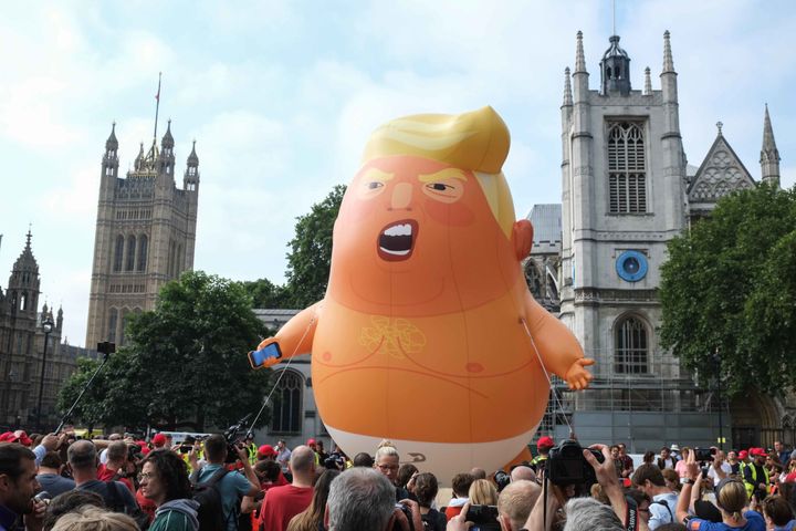 Demonstrators flew an unflattering blimp portraying Trump as an angry baby in Parliament Square during his visit last year 