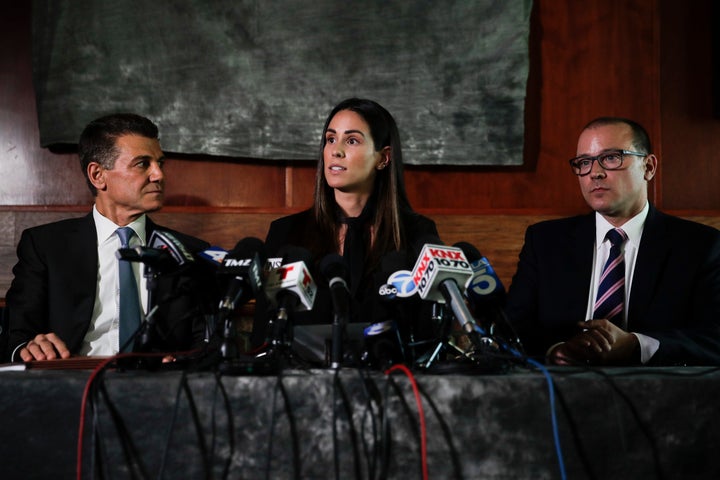 Former sports reporter Kelli Tennant speaks at a news conference Tuesday in Los Angeles about the lawsuit she filed Monday ac