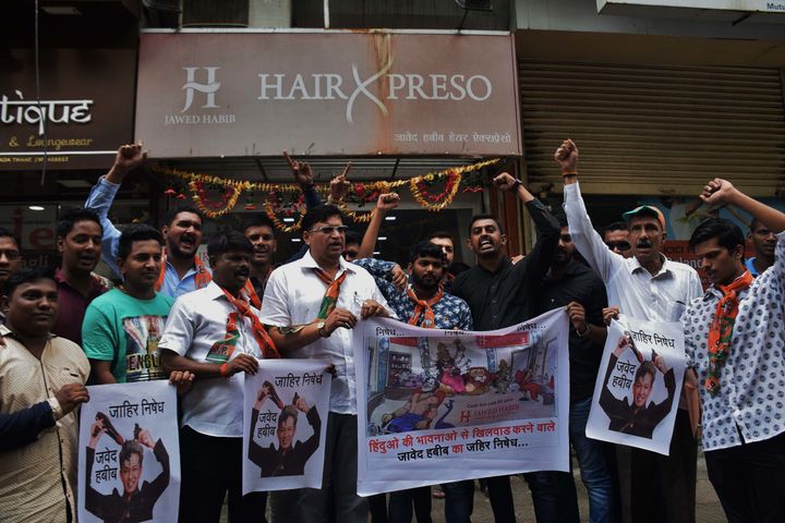 BJP activists protest against hair stylist Jawed Habib for advertising his allegedly hurting the religious sentiments of Hindus through an advertisement in West Bengal.