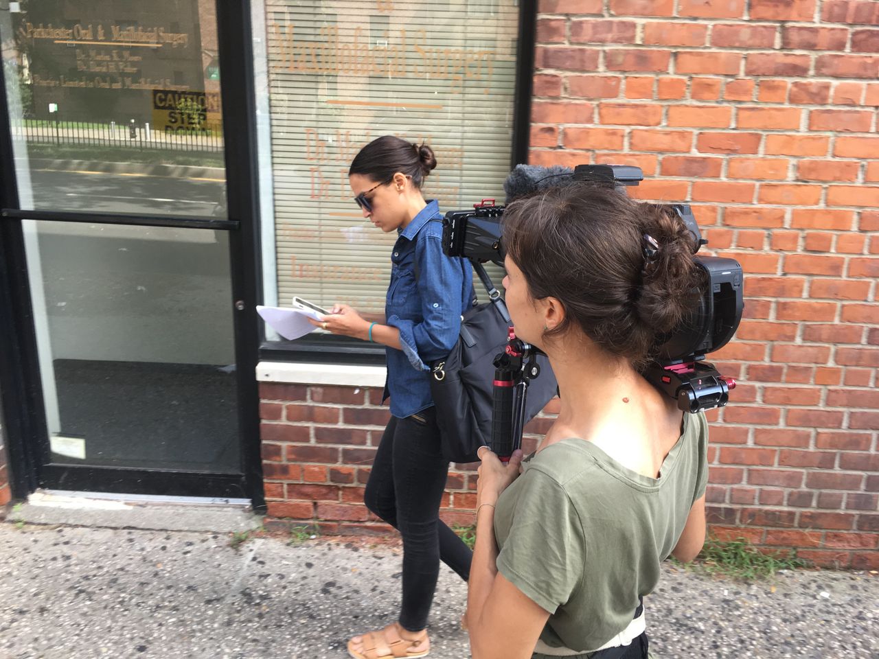 Filmmaker Rachel Lears (right) films then-congressional candidate Alexandria Ocasio-Cortez during production for "Knock Down the House."