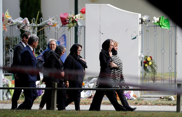 New Zealand Prime Minister Jacinda Ardern walks past Al Noor mosque as she arrived for Friday prayers at Hagley Park in Christchurch, following the murderous attack by Brenton Tarrant on March 15