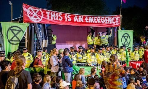 The Extinction Rebellion camp at Marble Arch in central London.