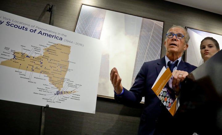 Attorney Jeff Anderson, left, discussed the number of alleged sexual abuse victims and abusers in New York and New Jersey at a press conference on Tuesday. Abuse survivor and advocate Bridie Farrell is seen right