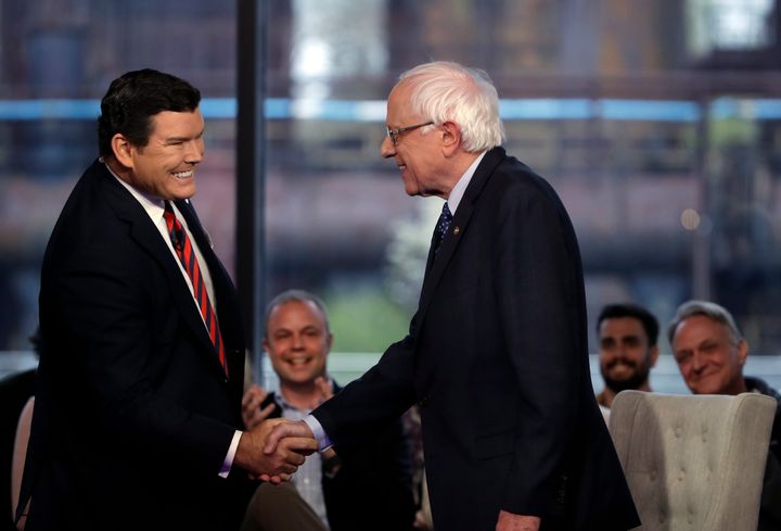 Sen. Bernie Sanders shakes hands with co-host Bret Baier during a Fox News town hall event on April 15, 2019, in Bethlehem, Pennsylvania.