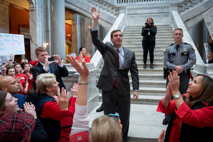 Kentucky Attorney General Andy Beshear addresses teachers protesting Bevin's proposed pension cuts in March.