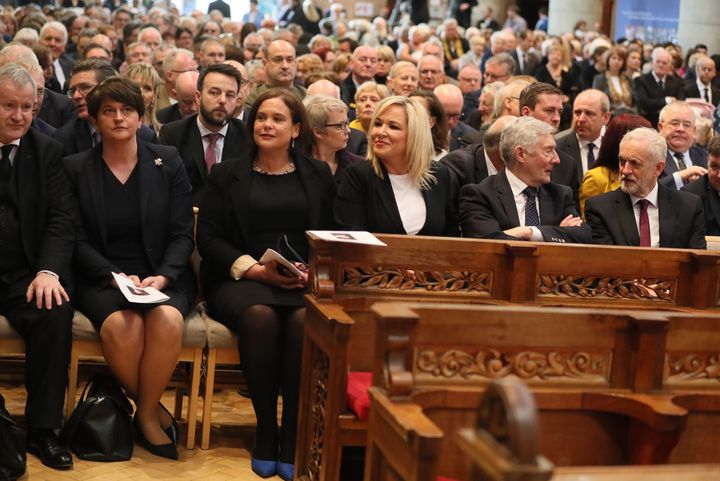 SNP Westminster leader Ian Blackford, DUP leader Arlene Foster, Sinn Fein leader Mary Lou McDonald, Sinn Fein deputy leader Michelle O'Neill, Shadow Northern Ireland Secretary Tony Lloyd and labour Party leader Jeremy Corbyn before the funeral service for murdered journalist Lyra McKee at St Anne's Cathedral in Belfast.