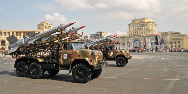 Armenian air defence missiles launchers roll during a military parade marking the 20th anniversary of the nation independence Yerevan, on September 21, 2011. Armenia flexed its military muscle on today at a showpiece parade to mark 20 years of independence from the Soviet Union amid a simmering territorial conflict with neighbour Azerbaijan. AFP PHOTO / KAREN MINASYAN (Photo credit should read KAREN MINASYAN/AFP/Getty Images)